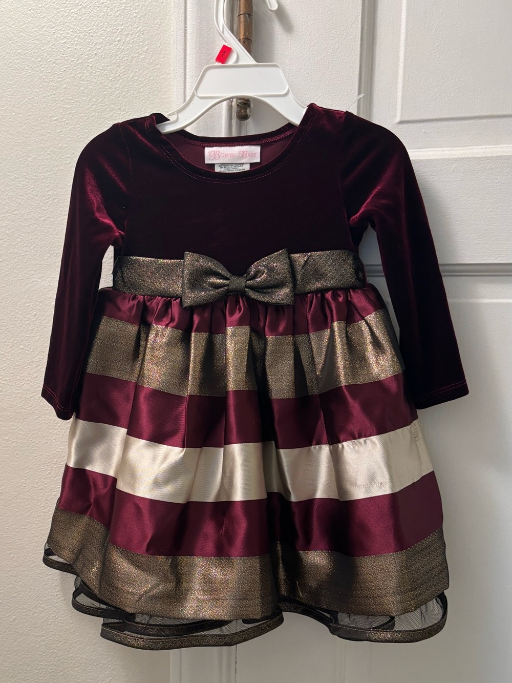Bonnie Baby Burgundy Velvet Dress with Gold & Cream Stripes
18 Month